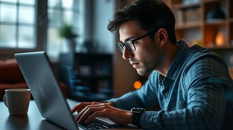 A photorealistic image of a person intensely focused on a laptop screen, surrounded by a subtle digital interface overlay with data visualizations and lines of code. The person is in a modern, well-lit home office, perhaps with a cup of coffee nearby. Cinematic lighting emphasizes their concentration, with sharp focus on the individual and the screen, and a soft depth of field blurring the background. 8K hyper-detailed, professional photography, shot on a high-end DSLR.