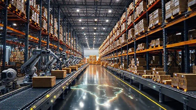 A photorealistic image of a highly organized warehouse interior, with robotic arms sorting packages on conveyor belts, glowing network lines indicating data flow, and a map of Brazil subtly projected onto the floor, highlighting strategic distribution points. Cinematic lighting, sharp focus on the automation, 8K hyper-detailed.