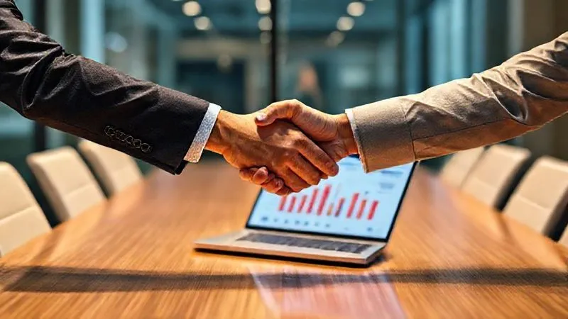A photorealistic image of two business professionals shaking hands firmly across a modern conference table, with a laptop displaying a logistics dashboard in the background. The lighting is warm and professional, emphasizing trust and agreement. Sharp focus on the handshake, depth of field blurring the background, 8K hyper-detailed.