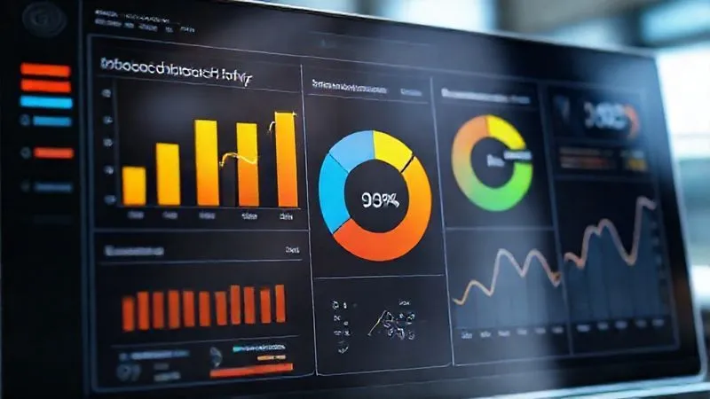 A photorealistic image of a sleek digital dashboard displaying various logistics KPIs: a bar chart showing 'Average Delivery Time' trending down, a pie chart for 'On-Time Delivery Rate' at 95%, and a line graph for 'Customer Complaints' decreasing. The interface is clean and modern, with data points highlighted. Cinematic lighting, sharp focus on the data, 8K hyper-detailed.