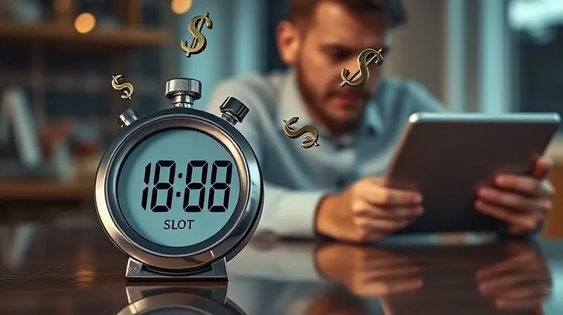 A photorealistic image showing a digital stopwatch rapidly counting down with dollar signs flying away, while a blurred, frustrated customer is visible in the background looking at a slow-loading e-commerce page on a tablet. Cinematic lighting, sharp focus on the stopwatch, depth of field, 8K, professional photography, shot on a high-end DSLR.