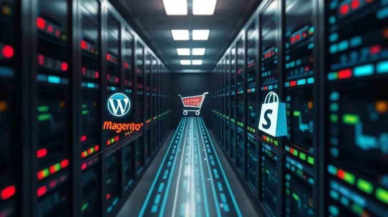 A photorealistic image of three distinct digital pathways converging onto a powerful server rack, each pathway representing a different e-commerce platform (WordPress, Magento, Shopify) with their respective logos subtly integrated into the data streams. Cinematic lighting, sharp focus on the server, depth of field, 8K, professional photography, shot on a high-end DSLR.