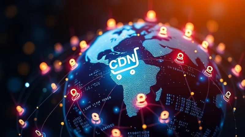 A photorealistic image of a globe with multiple glowing data points representing CDN servers, rapidly distributing content (small product images, code snippets) to various user icons around the world. The central e-commerce website is depicted as the origin. Cinematic lighting, sharp focus, depth of field, 8K, professional photography, shot on a high-end DSLR.