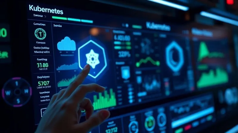 A photorealistic image of a futuristic control panel displaying a Kubernetes dashboard with various container health metrics, service statuses, and deployment pipelines. The screen is glowing with blue and green data points, and a hand is interacting with a holographic interface. Cinematic lighting, sharp focus on the dashboard, depth of field blurring the background, 8K hyper-detailed, professional photography, shot on a high-end DSLR, emphasizing control and complexity management.