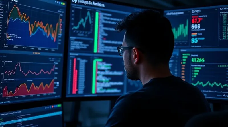 A photorealistic image of a developer intensely looking at multiple screens displaying complex monitoring dashboards. One screen shows Grafana-like graphs with real-time metrics, another displays a stream of aggregated logs, and a third has a CI/CD pipeline status with green success indicators. The developer's face shows focus and control. Cinematic lighting, sharp focus on the screens and developer, depth of field blurring the background, 8K hyper-detailed, professional photography, shot on a high-end DSLR, emphasizing data and analytics.