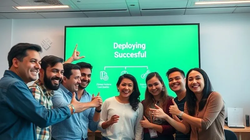 A photorealistic image of a diverse development team celebrating a successful deployment, with a large screen behind them displaying a green 'Deployment Successful' message and a simplified CI/CD pipeline diagram. The atmosphere is joyful and collaborative. Cinematic lighting, sharp focus on the team, depth of field blurring the background, 8K hyper-detailed, professional photography, shot on a high-end DSLR, conveying teamwork and achievement.