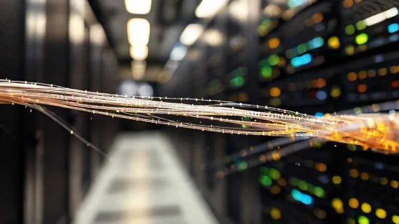 A photorealistic image of data flowing at high speed through fiber optic cables, with a blurred background of server racks, conveying rapid data transfer and efficiency. Cinematic lighting, sharp focus, 8K, professional photography.