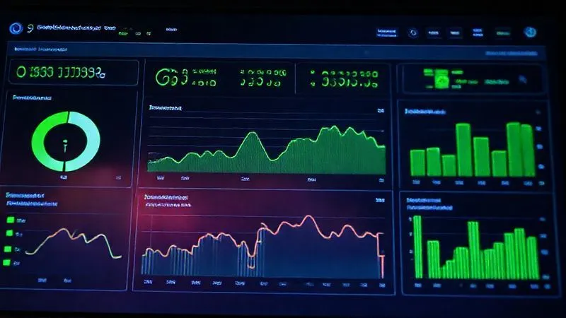 A photorealistic image of a digital dashboard showing various website performance metrics (load time, TTFB, requests) with green, positive indicators, suggesting optimal website health. Cinematic lighting, sharp focus, 8K, professional photography.