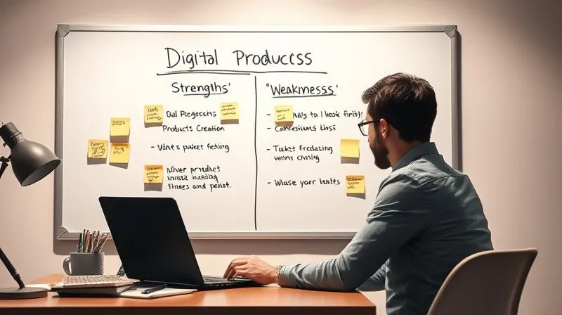 A photorealistic image of a person sitting at a desk, looking introspectively at a whiteboard filled with sticky notes categorizing 'Strengths' and 'Weaknesses' related to digital product creation and marketing. The scene is well-lit, professional, and conveys deep thought and self-assessment. 8K, cinematic lighting, sharp focus, depth of field, shot on a high-end DSLR.