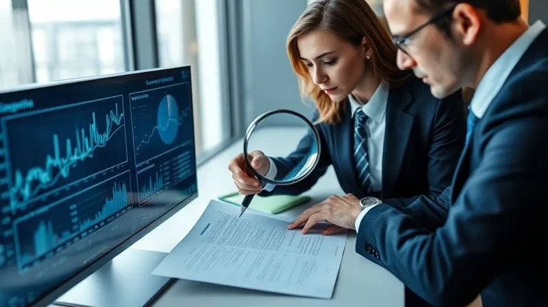 A photorealistic image of two business professionals meticulously reviewing documents and charts on a large monitor, with a magnifying glass held over a contract. The scene emphasizes attention to detail and thorough investigation in a modern office setting. 8K, cinematic lighting, sharp focus on the documents, depth of field, shot on a high-end DSLR.