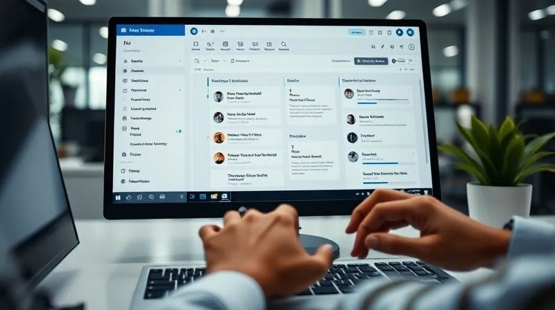 A photorealistic image of a digital dashboard on a computer screen, displaying a project management tool like Trello or Asana, with tasks assigned to different team members, deadlines, and progress bars. The screen is in a modern office, with hands subtly interacting with a keyboard. 8K, cinematic lighting, sharp focus on the screen, depth of field, shot on a high-end DSLR.