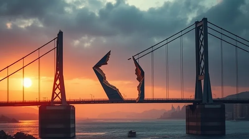 A photorealistic image of a broken bridge, with one side representing a content creator and the other a marketer, symbolizing a failed partnership due to lack of communication or misalignment. The scene is dramatic, with cinematic lighting and deep shadows. 8K, sharp focus on the broken bridge, depth of field, shot on a high-end DSLR.
