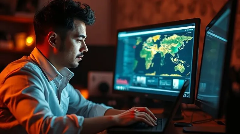 Um empreendedor pensativo olhando para um labirinto digital em uma tela de computador, com setas apontando para diferentes plataformas de e-commerce. Photorealistic, professional photography, 8K, cinematic lighting, sharp focus, depth of field, shot on a high-end DSLR.