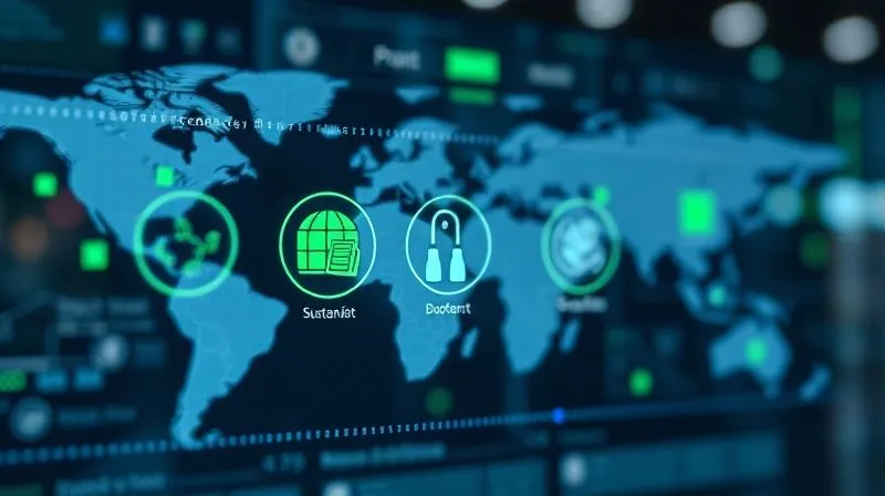 A photorealistic image of a futuristic e-commerce interface displaying personalized product recommendations powered by AI, with a subtle glow around sustainable product badges. In the background, a digital representation of a global supply chain with green energy symbols. Cinematic lighting, sharp focus on the AI interface, depth of field blurring the background, 8K hyper-detailed.