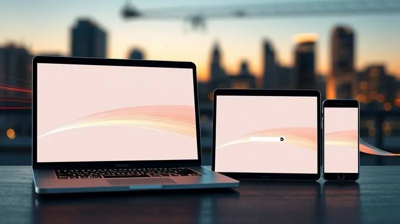 A photorealistic image of a sleek, minimalist website interface loading instantly on multiple devices – a laptop, a tablet, and a smartphone – with glowing speed lines emanating from the screens. The background is a blurred cityscape at dawn, symbolizing efficiency and reach. Cinematic lighting, sharp focus on the devices, depth of field. 8K hyper-detailed, professional photography, shot on a high-end DSLR.
