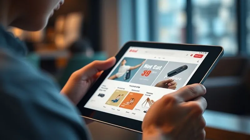Photorealistic image of a person smoothly navigating a modern e-commerce website on a tablet, with clear call-to-action buttons and intuitive layout, cinematic lighting, sharp focus on the tablet screen, depth of field.