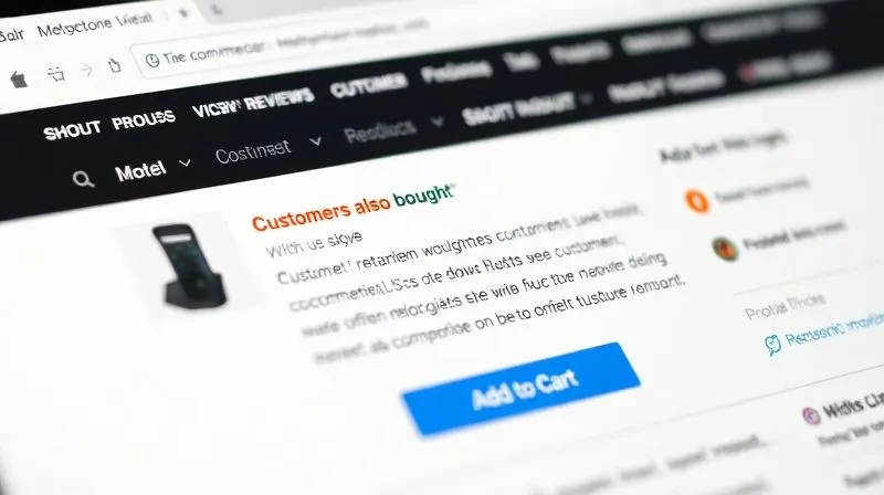 Photorealistic image of a detailed product page on an e-commerce site, showing customer reviews section, 'Customers also bought' recommendations, and a clear 'Add to Cart' button, sharp focus, vibrant product photography.