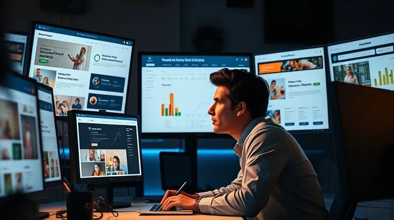 Photorealistic image of a person at a desk, surrounded by multiple screens displaying different e-commerce template options, with a checklist and analytics dashboards visible, cinematic lighting, sharp focus on the person's thoughtful expression.