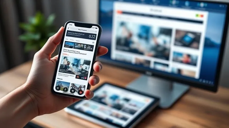 A photorealistic image of a hand holding a smartphone displaying a perfectly responsive news portal template, with the same template visible on a tablet and a desktop monitor in the blurred background. Cinematic lighting, sharp focus on the smartphone, depth of field, 8K hyper-detailed, professional photography, shot on a high-end DSLR.