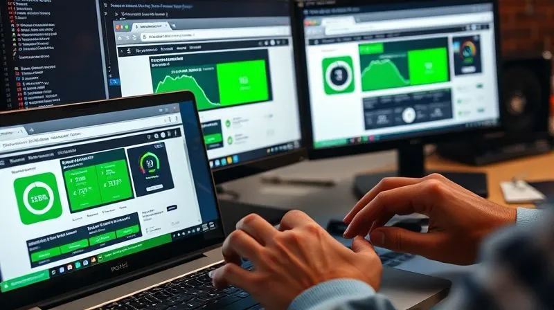 A photorealistic image of a developer's hands on a keyboard, with multiple browser windows open on a monitor, each displaying a different web performance tool (e.g., Google PageSpeed Insights, GTmetrix) showing green scores and positive metrics for a news portal template. Cinematic lighting, sharp focus on the hands and screen, depth of field, 8K hyper-detailed, professional photography, shot on a high-end DSLR.