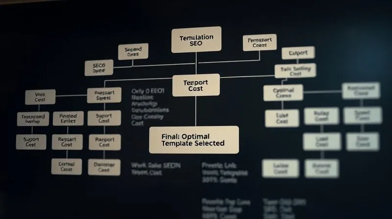 A photorealistic image of a decision tree or a flowchart, with nodes representing different template evaluation criteria (SEO, speed, UX, support, cost) and clear paths leading to a final 'Optimal Template Selected' node. Cinematic lighting, sharp focus on the flowchart, depth of field, 8K hyper-detailed, professional photography, shot on a high-end DSLR.