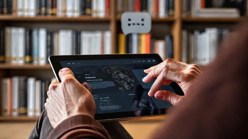 A photorealistic image of a person's hands comfortably navigating a clean, intuitive website interface on a tablet, with a subtle glow around the fingertips, symbolizing ease of use. In the background, a bookshelf with neatly organized documentation and a chat bubble icon floating, representing good support. Cinematic lighting, sharp focus on the tablet, depth of field, 8K hyper-detailed, professional photography, shot on a high-end DSLR.