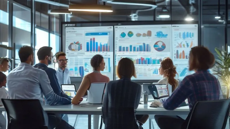 A photorealistic image of a diverse group of entrepreneurs in a modern co-working space, discussing financial projections on a large screen, with various charts and graphs related to investment and growth. The atmosphere is collaborative and forward-looking. 8K, cinematic lighting, sharp focus, depth of field, professional photography.