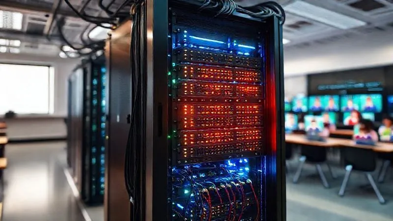 A photorealistic image of a robust, glowing server rack with cables connecting various modules, representing a powerful Learning Management System (LMS) at the heart of an online school. Digital data streams flow around it, leading to diverse student avatars on screens. Cinematic lighting, sharp focus on the server, depth of field blurring a classroom in the background, 8K hyper-detailed, professional photography, shot on a high-end DSLR.