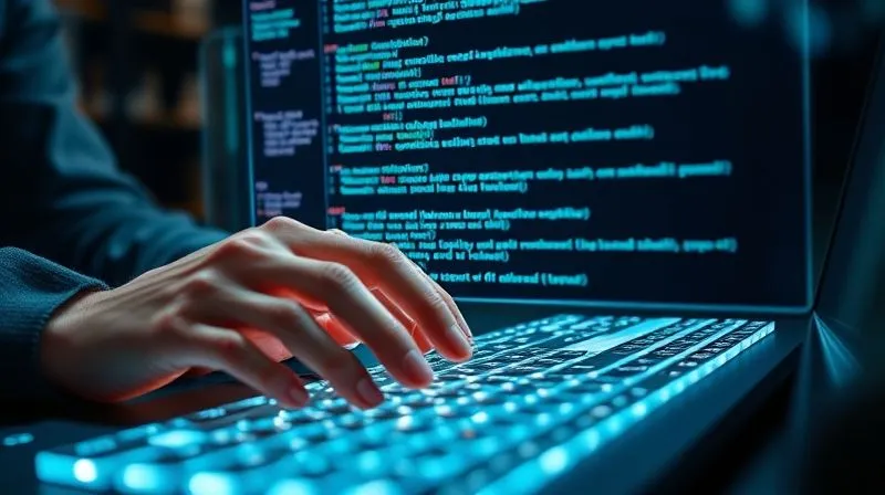 A photorealistic close-up of a programmer's hands typing on a glowing keyboard, with lines of code displayed on a holographic screen above, showing clear, step-by-step instructions and annotations, cinematic lighting, sharp focus on the hands and screen, depth of field, 8K hyper-detailed, professional photography, shot on a high-end DSLR.