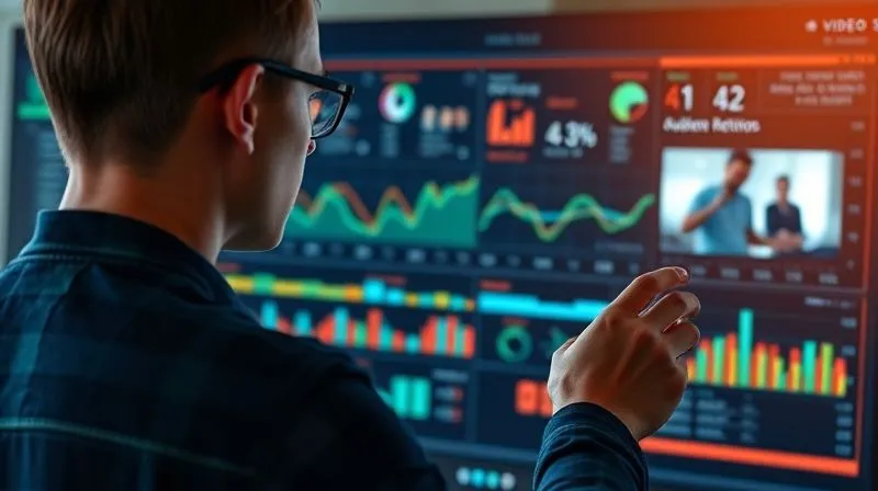 A photorealistic image of a person analyzing a holographic dashboard filled with data visualizations (line graphs, bar charts) showing video engagement metrics like watch time and audience retention, with a blurred video editing timeline in the background, cinematic lighting, sharp focus on the data, depth of field, 8K hyper-detailed, professional photography, shot on a high-end DSLR.