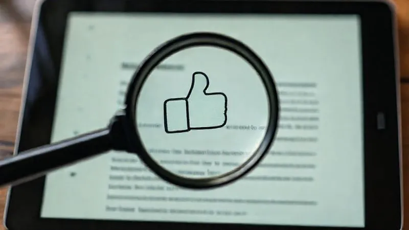 A photorealistic close-up of a magnifying glass hovering over a vibrant, ethical e-commerce product description on a tablet screen, with a 'thumbs up' icon subtly visible in the background, signifying approval. The screen shows clear, honest language. Cinematic lighting, sharp focus on the text, depth of field, 8K hyper-detailed, professional photography, shot on a high-end DSLR.