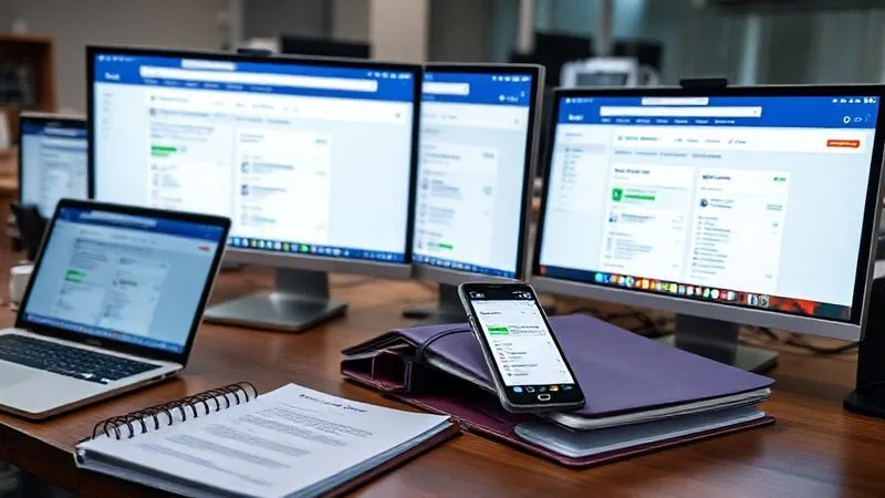 A photorealistic image of a neatly organized desk with multiple open laptops and monitors displaying different Facebook Business Manager interfaces, some showing green 'active' statuses and others 'pending' or 'review'. A physical binder filled with documents sits next to a smartphone displaying a verified business profile. Cinematic lighting, sharp focus on the screens and binder, depth of field, 8K hyper-detailed, professional photography, shot on a high-end DSLR.