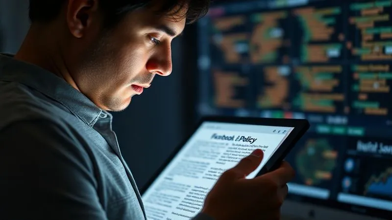A photorealistic image of a person intently reading official Facebook policy documents on a glowing tablet screen, surrounded by a subtle, evolving digital interface. The background is a blurred, dynamic representation of data streams and policy updates. Cinematic lighting, sharp focus on the tablet and reader's expression of concentration, depth of field, 8K hyper-detailed, professional photography, shot on a high-end DSLR.