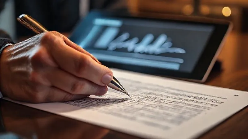 A photorealistic close-up of a contract document being signed with a fountain pen, with a digital signature overlay appearing on a tablet screen in the background. The scene is bathed in professional, soft cinematic lighting, highlighting the importance of legal agreement in the digital age. Sharp focus on the pen and contract, with a subtle depth of field. 8K hyper-detailed, professional photography.