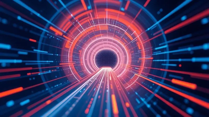 A photorealistic diagram illustrating data flow with bottlenecks, showing a smooth, wide pipe narrowing down to a constricted section, representing limited bandwidth, causing packets to queue and drop. The image uses futuristic blue and orange light trails for data, sharp focus, 8K hyper-detailed, cinematic lighting, shot on a high-end DSLR.