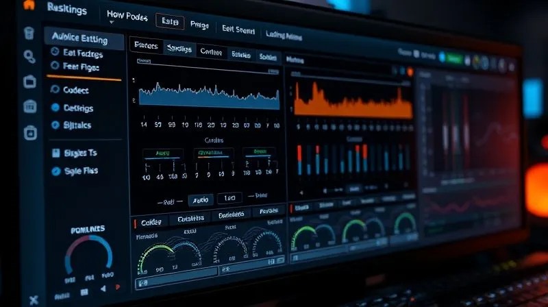 A photorealistic interface of a professional audio streaming software, showcasing various configuration options for codecs, bitrates, and buffer sizes. The screen should be vibrant with graphs and sliders, sharp focus on the settings panel, cinematic lighting, 8K hyper-detailed, shot on a high-end DSLR.