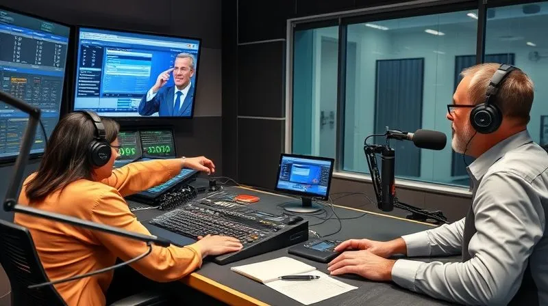 A photorealistic image of a radio studio control room, with a team of three professionals (a sound engineer, a producer, and a presenter) calmly and efficiently working together during a simulated emergency. One person points to a screen with data, another is on a phone, and the third is adjusting controls. The atmosphere is focused and collaborative, sharp focus, cinematic lighting, 8K hyper-detailed, shot on a high-end DSLR.