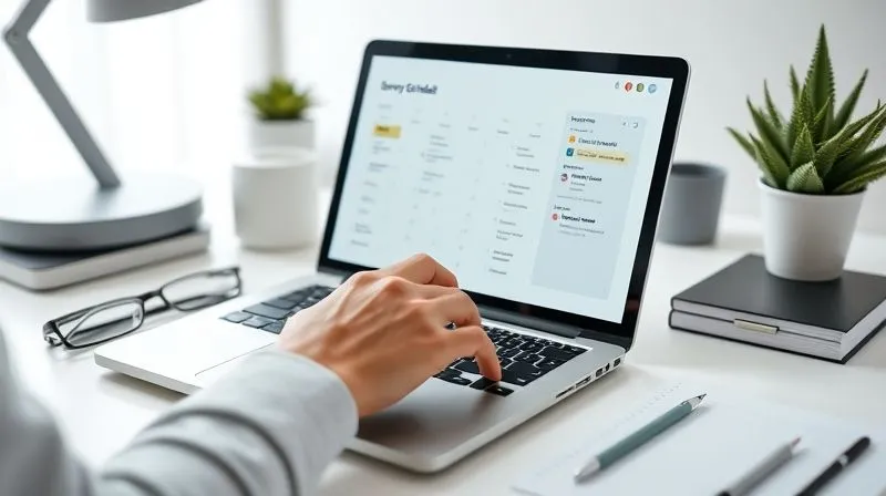 A photorealistic image of a person's hand interacting with a digital calendar or task management app on a sleek laptop, surrounded by a clean, organized desk setup. The screen displays 'Survey Schedule' with completed tasks. Professional photography, 8K, cinematic lighting, sharp focus, depth of field.