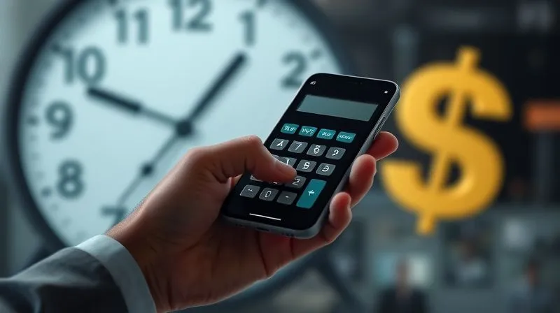 A photorealistic image of a person's hand holding a calculator or a financial app on a smartphone, with a blurred background of a clock and dollar signs, symbolizing calculating time value. Professional photography, 8K, cinematic lighting, sharp focus, depth of field.