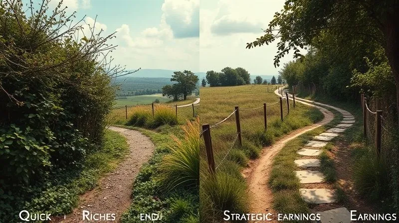 A photorealistic image depicting two distinct paths: one overgrown and winding labeled 'Quick Riches', leading to a dead end, and another clear, well-maintained path labeled 'Strategic Earnings', leading to a pleasant landscape with moderate success. Cinematic lighting, sharp focus, depth of field. Shot on a high-end DSLR, 8K hyper-detailed.