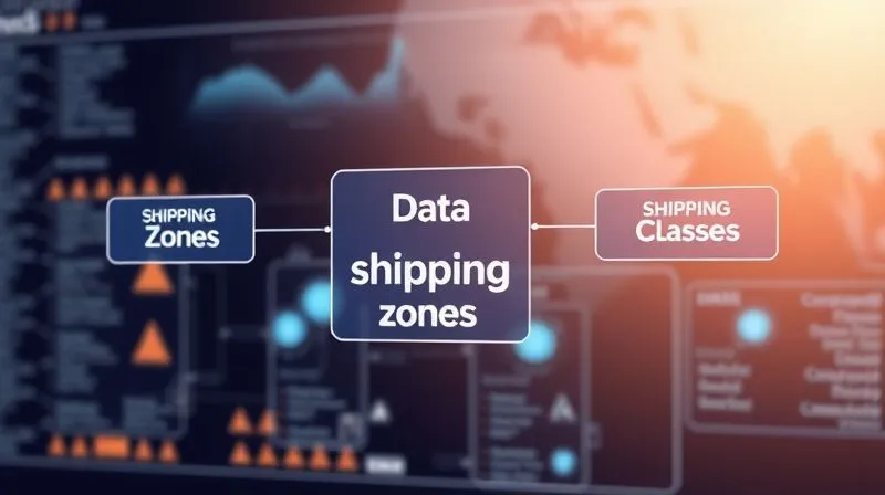 A photorealistic 3D infographic illustrating the interconnectedness of 'Shipping Zones', 'Shipping Methods', and 'Shipping Classes' in a digital flowchart style, with data flowing between them, set against a clean, modern interface. Cinematic lighting, sharp focus, depth of field, 8K hyper-detailed, professional photography, shot on a high-end DSLR.