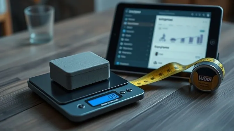 A photorealistic image of a digital scale accurately measuring a product's weight and a tape measure meticulously checking dimensions, with a WooCommerce interface visible on a tablet in the background, showing shipping settings. Cinematic lighting, sharp focus on the measurements, depth of field, 8K hyper-detailed, professional photography, shot on a high-end DSLR.
