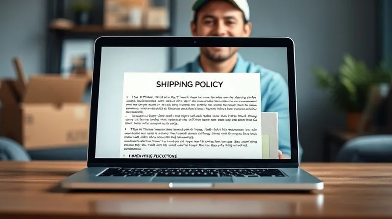 A photorealistic image of a clear, concise shipping policy page displayed on a laptop screen, with a happy customer holding a package in the background, symbolizing transparency and satisfaction. Cinematic lighting, sharp focus on the policy text, depth of field, 8K hyper-detailed, professional photography, shot on a high-end DSLR.