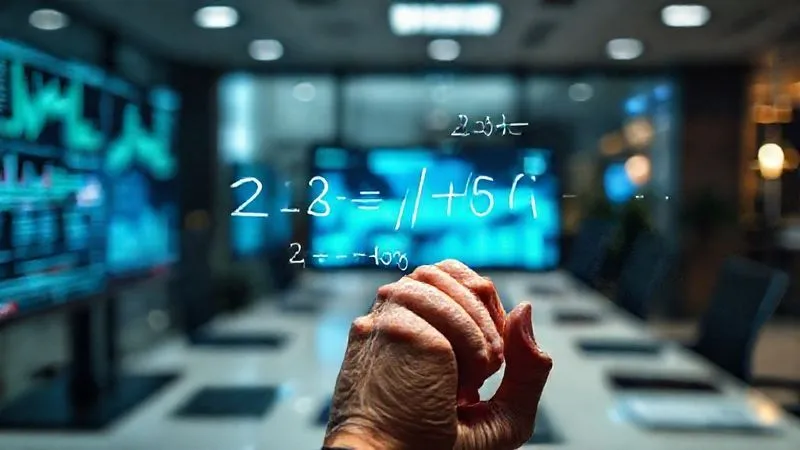 Photorealistic image of a person's hand writing a complex formula or hypothesis on a glass board in a modern office, surrounded by blurred data visualizations on computer screens. The scene is lit with cinematic lighting, sharp focus on the hand and writing, depth of field blurring the background, 8K hyper-detailed, professional photography, shot on a high-end DSLR.