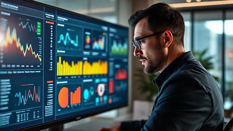 Photorealistic image of a professional marketing analyst intently reviewing a complex dashboard on a large monitor, displaying various graphs, charts, and heatmaps related to A/B test results. The room is modern and well-lit, with a sense of deep concentration. Cinematic lighting highlights the screen and the analyst's face, sharp focus on the data, depth of field blurring the background, 8K hyper-detailed, professional photography, shot on a high-end DSLR.