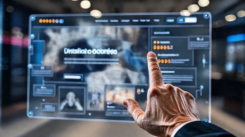 Photorealistic image illustrating a comprehensive, holistic view of a landing page on a large transparent screen, with various interconnected elements like headline, CTA, hero image, and testimonials visibly flowing together, representing a 'big-picture' optimization strategy. A professional hand is gesturing towards the screen, emphasizing the overall design. Cinematic lighting, sharp focus on the screen, depth of field, 8K hyper-detailed, professional photography, shot on a high-end DSLR.