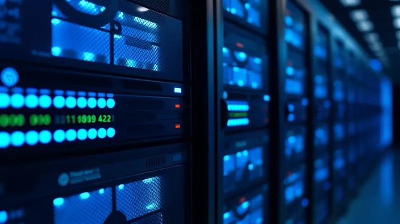 A photorealistic image of a server rack with glowing blue lights, representing a robust and optimized hosting environment, with a small digital WordPress logo subtly integrated into the light patterns. Cinematic lighting, sharp focus, depth of field, 8K hyper-detailed, professional photography, shot on a high-end DSLR.