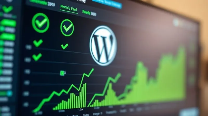 A photorealistic image of a digital dashboard showing green checkmarks and upward-trending graphs, symbolizing a website that has recovered from an error and is now performing optimally. Data streams flow smoothly, with a subtle WordPress logo in the background. Cinematic lighting, sharp focus, depth of field, 8K hyper-detailed, professional photography, shot on a high-end DSLR.