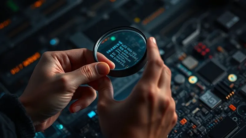 A photorealistic image of a person's hands holding a magnifying glass over a complex circuit board, with digital error codes floating around. The scene is lit with dramatic, cinematic lighting, emphasizing the detective work of troubleshooting. Sharp focus on the hands and circuit board, depth of field blurring the background, 8K hyper-detailed, professional photography, shot on a high-end DSLR.