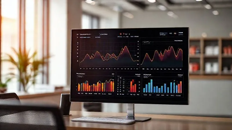 Photorealistic image of a sleek, modern data visualization dashboard displaying sales trends, inventory levels, and demand forecasts for fashion items. The screen shows vibrant line graphs and bar charts with predictive analytics, in a minimalist office setting. Cinematic lighting, sharp focus on the data, depth of field blurring the background, 8K hyper-detailed.